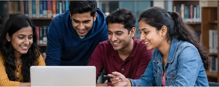 Indian students learning together with a laptop and study materials